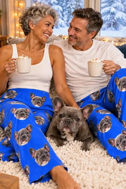 Couple with cocoa by a snowy window in blue pajama pants with French bulldog faces, their dog between them