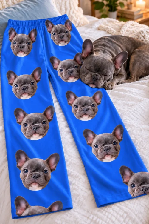 Blue pajama pants with French bulldog faces laid on a bed beside a sleeping French bulldog