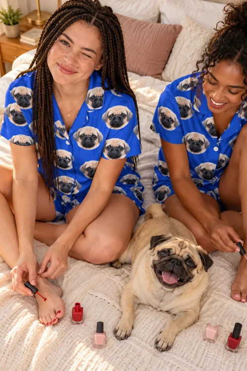 Two friends in blue pajama sets painting their toenails on a bed beside their pug