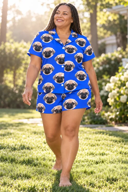 Woman with long braids walking barefoot on a sunny lawn in a blue pajama set with pug faces