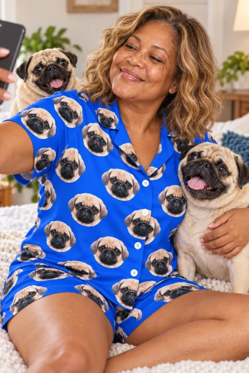 Woman in a blue pajama set with pug faces taking a selfie on her bed with two pugs