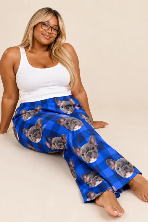 Women's Blue Plaid Pajama Pants with Your Pet's Face