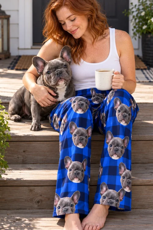 Woman with coffee on porch steps hugging a French bulldog, in blue plaid pajama pants with its face