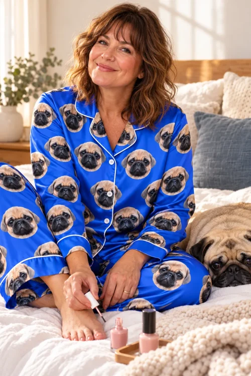 Woman painting her toenails on the bed in blue satin pajamas while her pug naps beside her