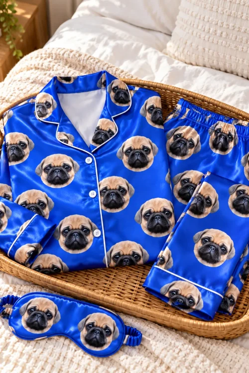 Folded blue satin pajamas with pug faces and a matching sleep mask in a wicker basket on a bed