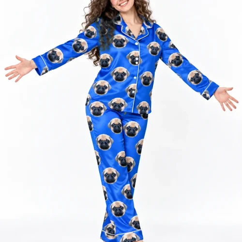 Royal Blue Satin Pajama Set with Your Pet's Face