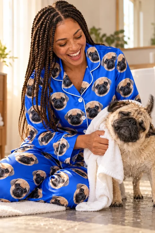 Woman with long braids in blue satin pajamas drying a wet pug with a white towel
