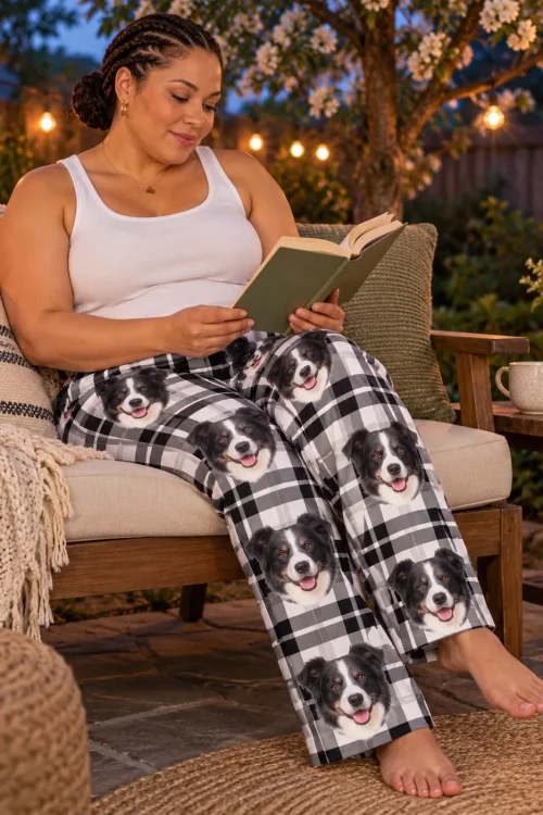 Woman reading a book on a patio sofa at dusk under string lights, in white plaid border collie pajama pants