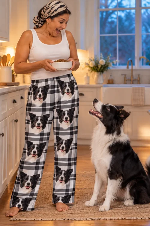 Woman holding a bowl of kibble in a warm kitchen while her border collie gazes up, in white plaid collie pajama pants