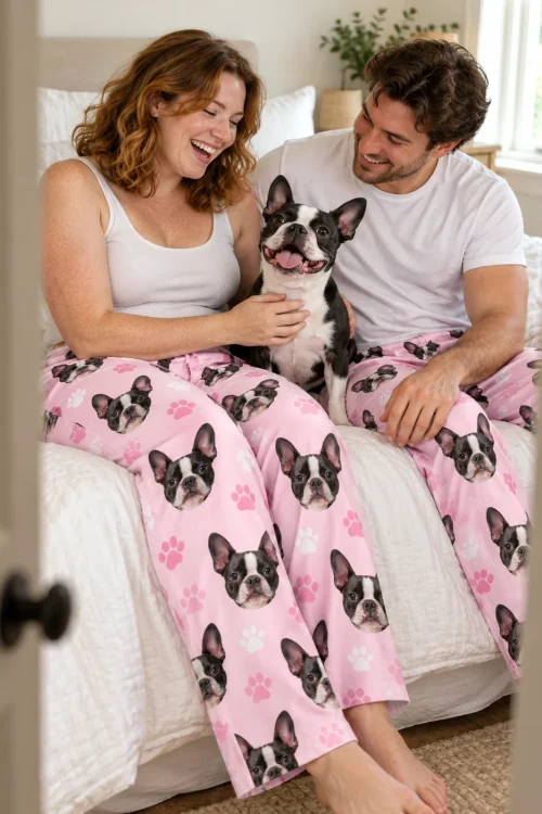 Couple laughing on a white bed with their Boston terrier between them, both in blush pink paws pajama pants