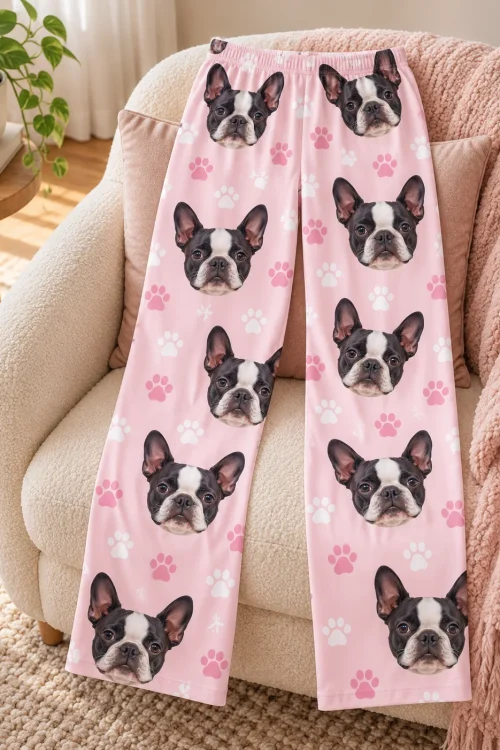 Blush pink paws pajama pants laid flat on a cream armchair, rows of Boston terrier faces down both legs