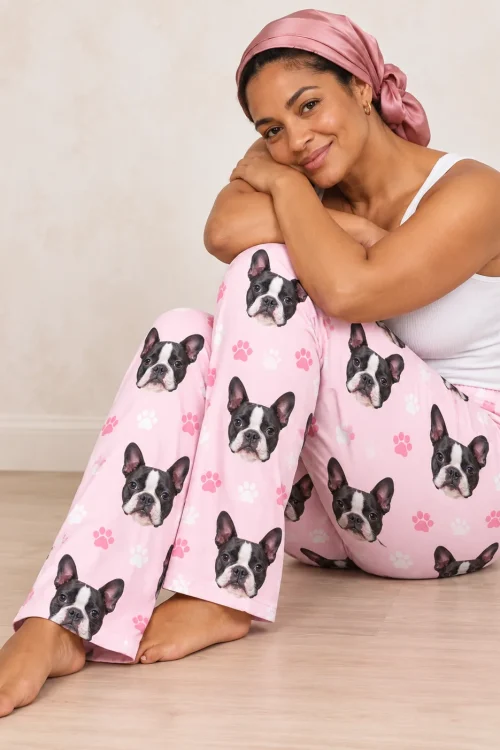 Woman in a pink satin head wrap hugging her knee on a wood floor, in blush pink paws Boston terrier pajama pants