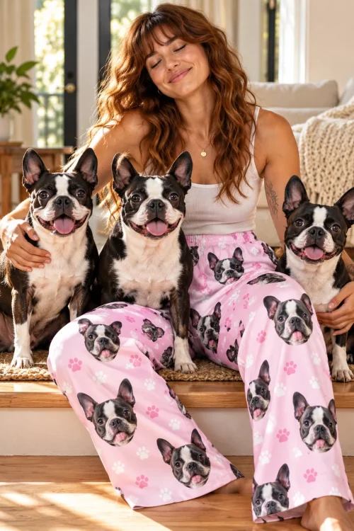 Woman with wavy auburn hair hugging three Boston terriers on living room steps, in blush pink paws pajama pants