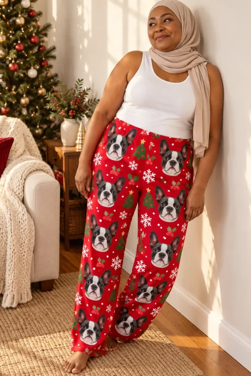 Woman in a beige head scarf leaning on a wall by a Christmas tree, in Christmas red Boston terrier pajama pants