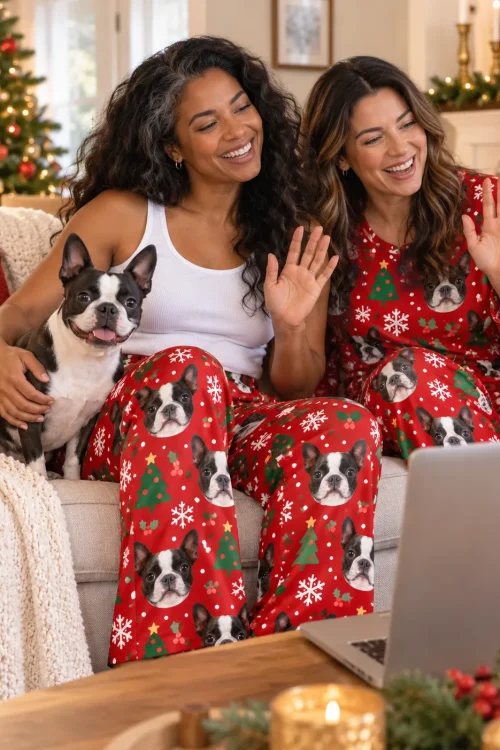 Two women waving at a laptop on a sofa by a Christmas tree with a Boston terrier, in Christmas red pajamas