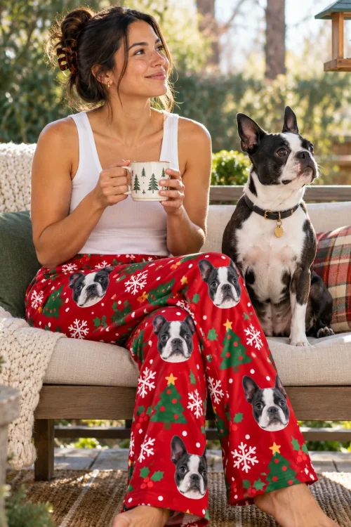Woman with a mug on a sunny patio sofa beside her Boston terrier, in Christmas red pajama pants with trees and snowflakes
