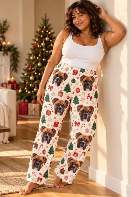 Woman winking by a Christmas tree in Christmas Cream women's boxer dog pajama pants