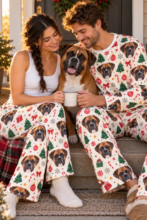 Couple on festive porch steps hugging their boxer, in Christmas Cream boxer dog pajamas