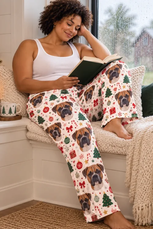 Woman reading in a rainy window seat in Christmas Cream boxer dog print pajama pants