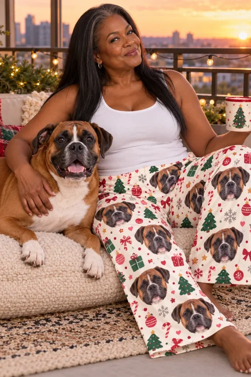 Woman with her boxer on a balcony daybed at sunset, in Christmas Cream boxer face pajamas