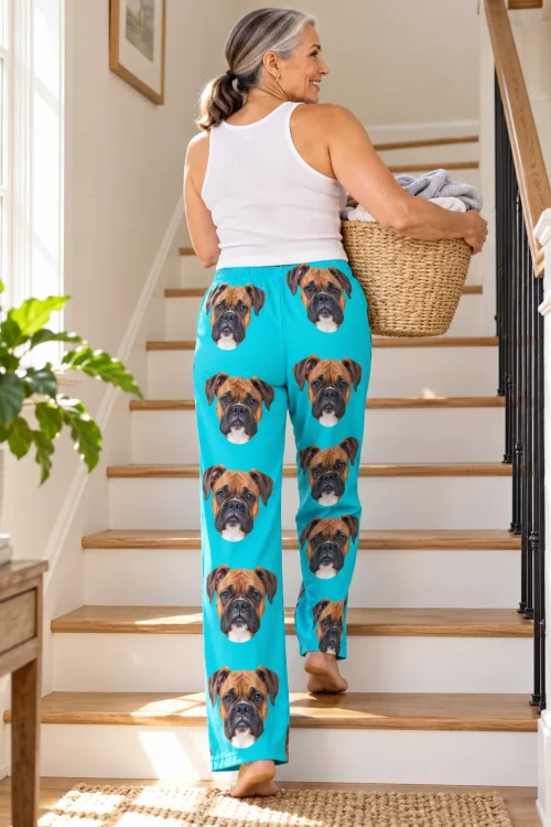 Woman climbing stairs with a laundry basket, back view of teal boxer dog pajama pants