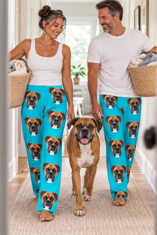 Couple carrying laundry baskets down a hallway with their boxer, both in teal boxer dog pants