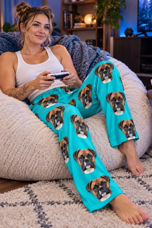 Woman gaming on a beanbag chair in teal pajama pants printed with boxer dog faces