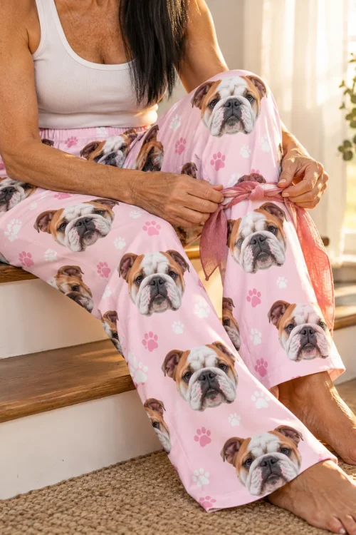Woman tying a pink ribbon while sitting on the stairs in blush pink paws bulldog pajama pants