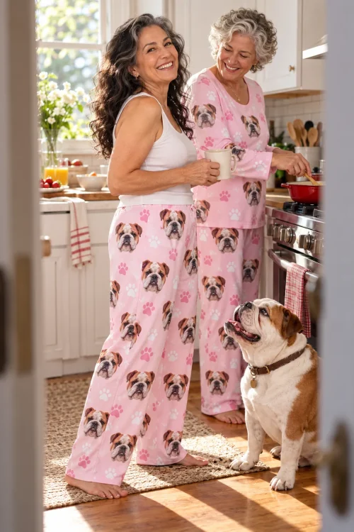 Two women in a sunny kitchen with their bulldog, both wearing blush pink paws bulldog pajamas