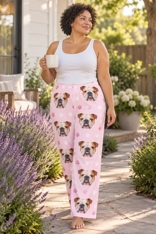 Woman holding a mug on a garden path lined with lavender, in blush pink paws bulldog pajama pants