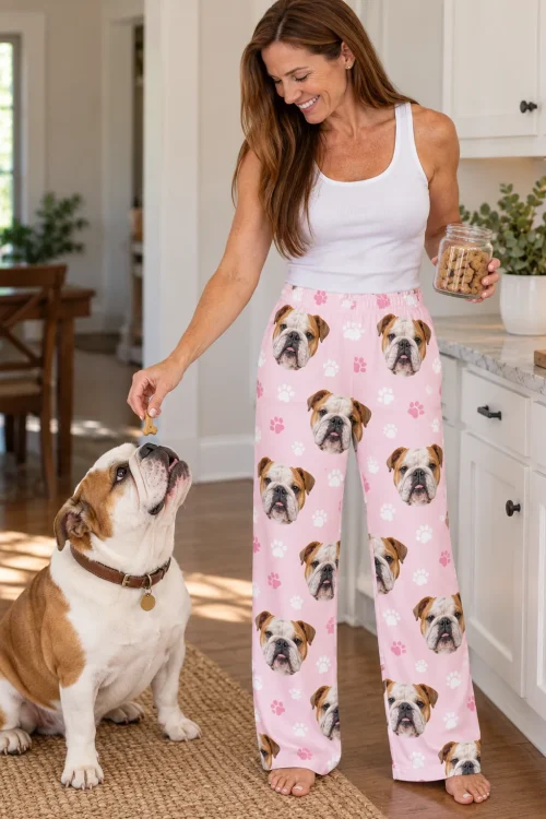 Woman giving a treat to her English bulldog in a bright kitchen, in blush pink paws bulldog pajama pants