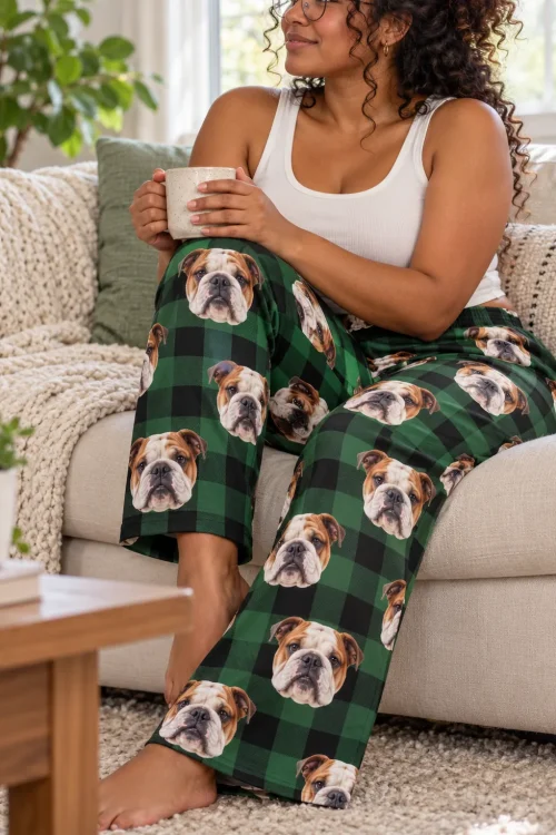 Woman with a mug on a cream sofa in green plaid bulldog pajama pants covered in bulldog faces