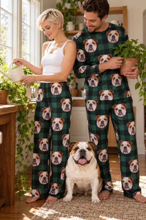 Couple caring for houseplants with their bulldog sitting between them, both in green plaid bulldog pajamas
