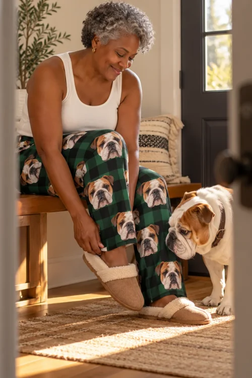 Woman slipping on slippers by the front door as her bulldog watches, in green plaid bulldog pajama pants