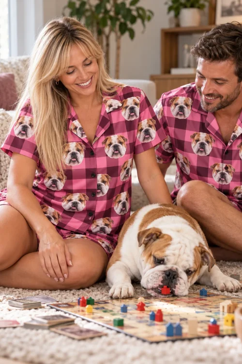 Couple playing a board game on the rug with their bulldog, both in pink plaid bulldog pajama sets