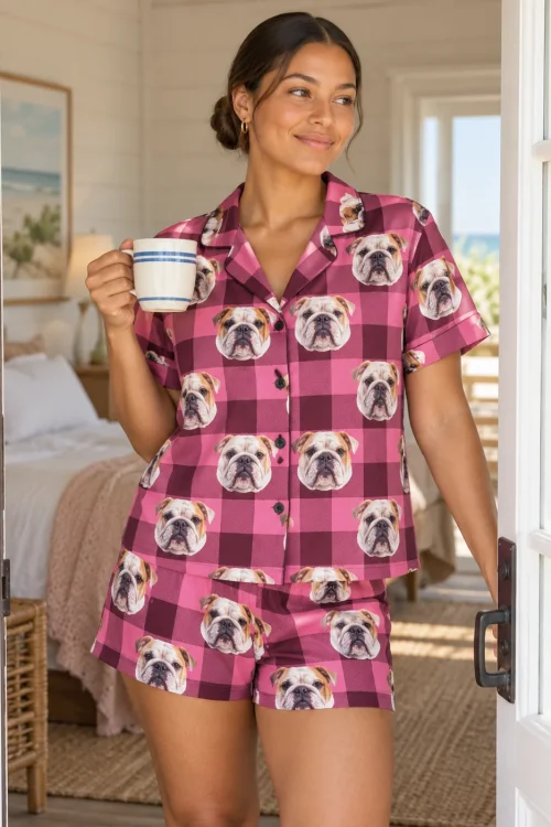 Woman with a striped mug at a beach-house door in a pink plaid bulldog pajama set