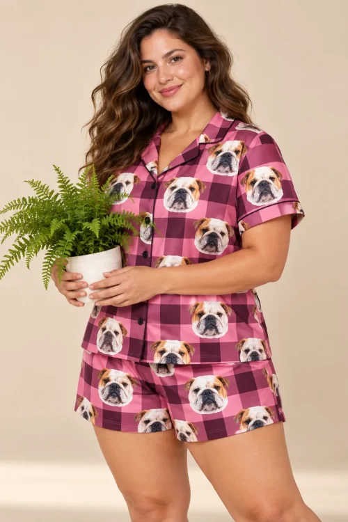Woman holding a potted fern in a pink plaid bulldog pajama set against a beige backdrop