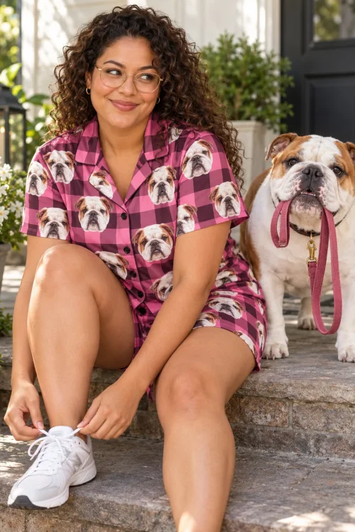 Woman in glasses tying her sneakers on the front steps beside her bulldog, in a pink plaid bulldog pajama set
