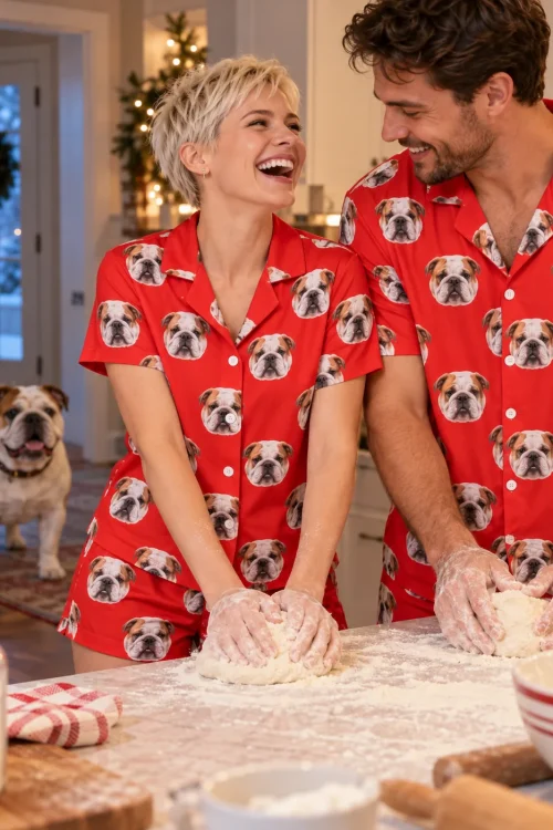 Couple kneading dough in a holiday kitchen in red bulldog pajama sets as their bulldog looks on