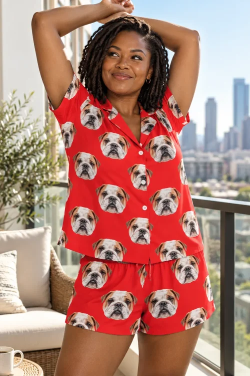Woman stretching on a city balcony in a red bulldog pajama set with matching shorts