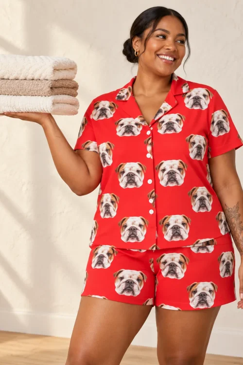 Smiling woman holding folded towels in a red bulldog pajama set with white buttons