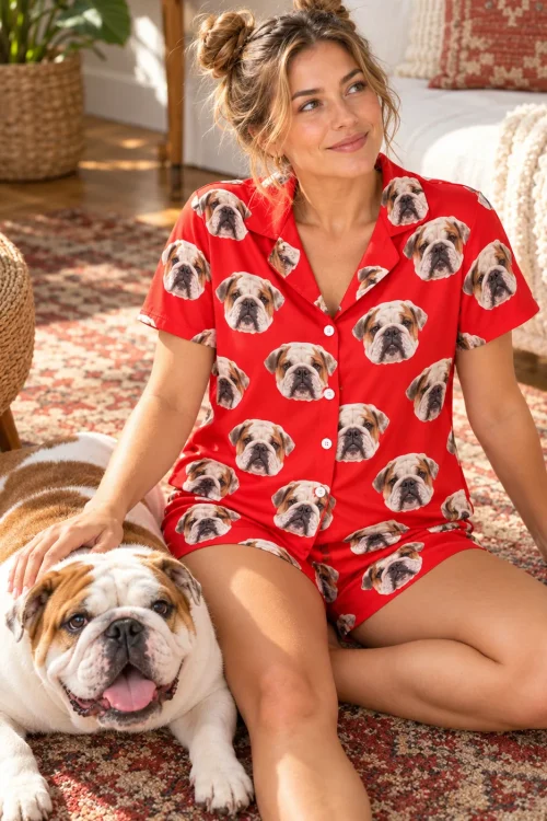 Woman sitting on a patterned rug petting her English bulldog, in a red bulldog pajama set
