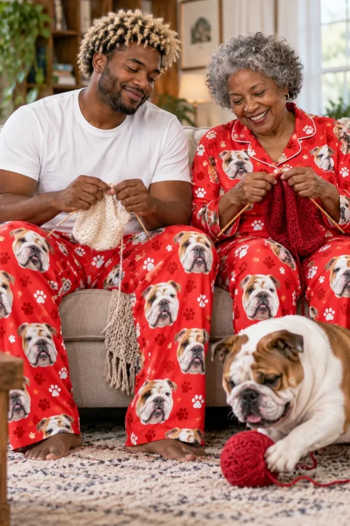 Man and an older woman knitting on a sofa while their bulldog plays with yarn, in red paws bulldog pajamas