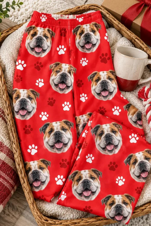 Red paws bulldog pajama pants folded in a basket with a mug, a rope toy and a wrapped gift
