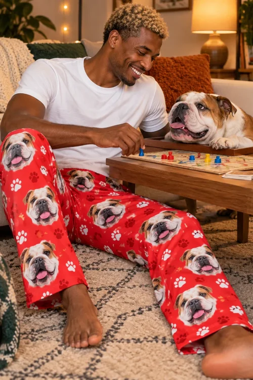 Man playing a board game on the rug as his bulldog watches from the table, in red paws bulldog pajamas
