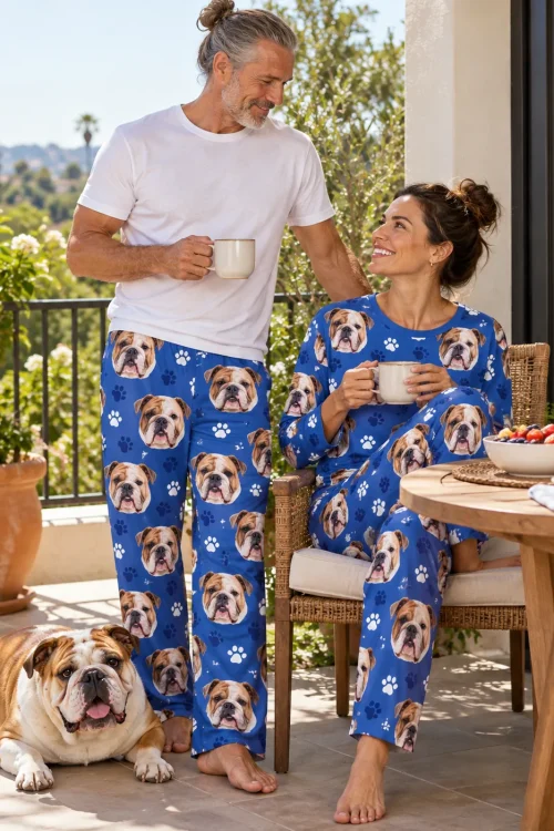 Couple having breakfast on a sunny patio with their bulldog, in royal blue paws bulldog pajamas