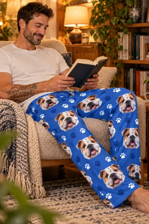 Man reading a book in an armchair by a bookcase in royal blue paws bulldog pajama pants