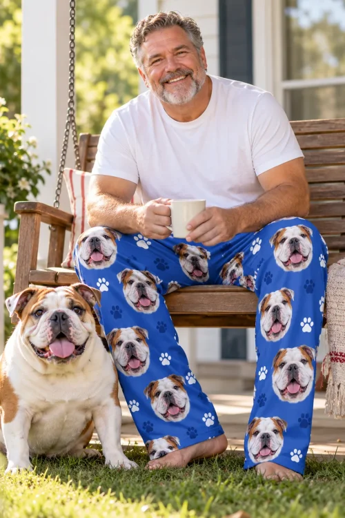 Man with a mug on a porch swing beside his English bulldog, in royal blue paws bulldog pajamas