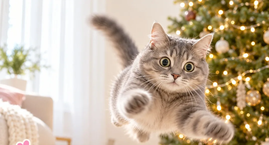 Gray cat leaping mid-air in front of a Christmas tree, a burst-mode cat photo for a cat Christmas gift