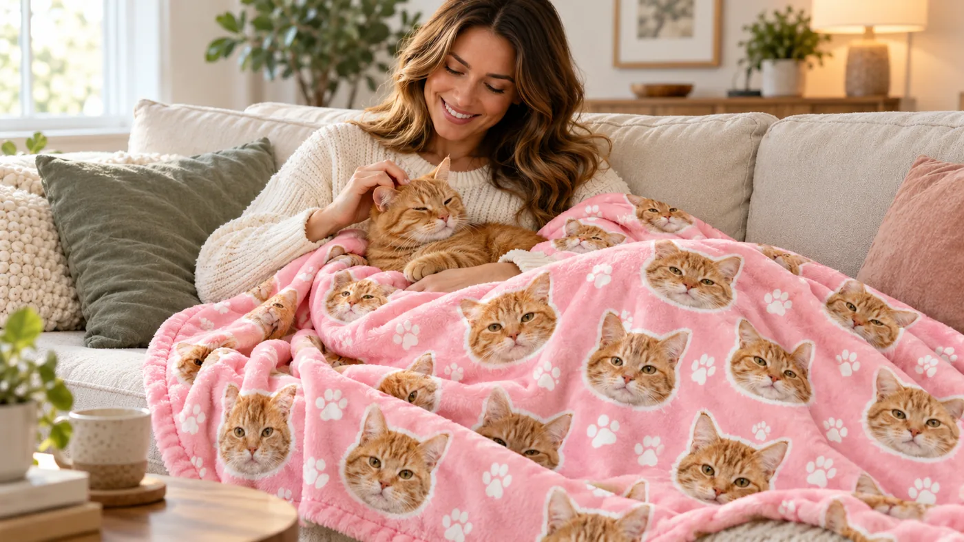 Cat mom on a sofa under a pink minky blanket printed with her orange tabby's face, the cat on her lap